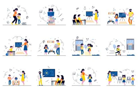 Back to school concept with tiny people scenes set in flat design. Bundle of Stock Illustration