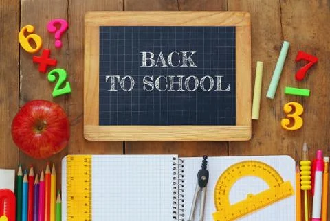 Back to school concept. Top view of school supplies Stock Photos