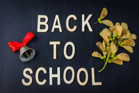Back to school concept. Top view banner school bell and autumn dry leaves ove Stock Photos