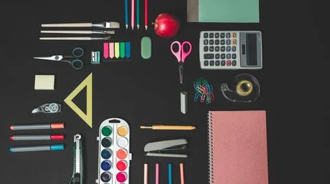 Back To School Concept. Top View of School and Office Supplies Stock Photos