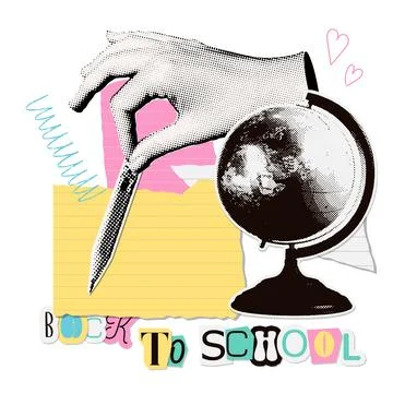 Back to school concept. Trendy Halftone Collage with hand holding pencil. School Stock Illustration