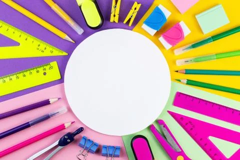 Back to school concept. various writing tools on colorful background. Stock Photos