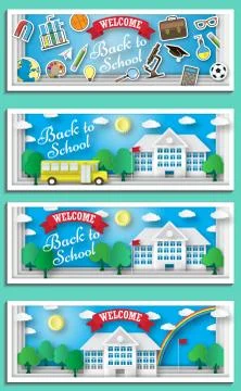 Back to school concept vector poster. School bus with building and blackboard on Ilustración de archivo