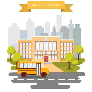 Back to school concept vector poster. School bus with building on background Ilustración de archivo