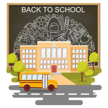 Back to school concept vector poster. School bus with building and blackboard on Ilustración de archivo