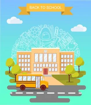 Back to school concept vector poster. School bus with building on background Ilustración de archivo