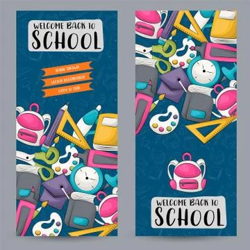 Back to school concept. Vertical banner template set.  Modern hand drawn Stock Illustration