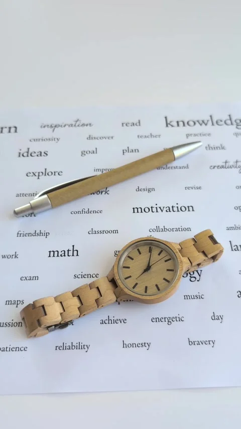 Back to School concept with wooden watch, recycled paper pen Stock Footage 337126587