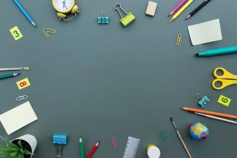  Back to school conceptual flat lay with different office supply objects B... Stock Photos