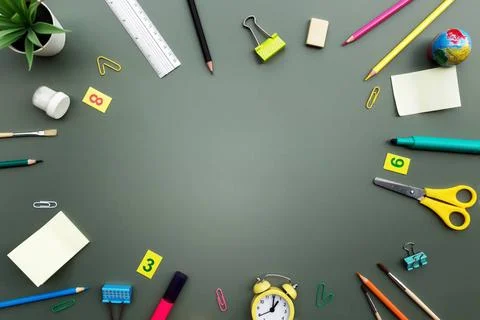  Back to school conceptual flat lay with different office supply objects B... Stock Photos