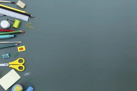 Back to school conceptual flat lay with different office supply objects and copy Stock Photos