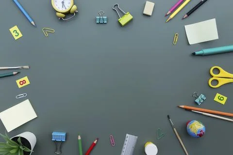 Back to school conceptual flat lay with different office supply objects and copy Stock Photos