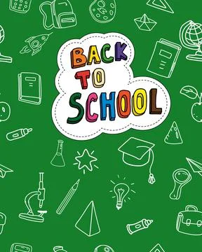 Back to school cover background, hand draw doodle icons supples, equipment Illustrazione stock