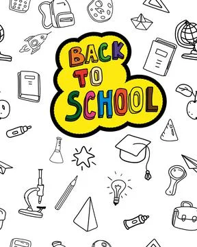 Back to school cover background, hand draw doodle icons supples, equipment Illustrazione stock