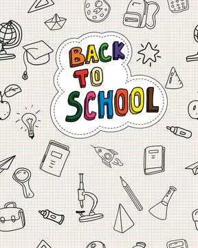 Back to school cover background, hand draw doodle icons supples, equipment Stock Illustration