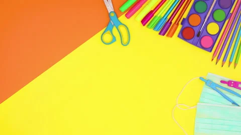 Back to school COVID-19 stop motion School stationery move on right corner Stock-Footage 137362985