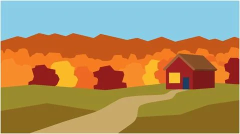 Back to School Cozy red cabin in autumn forest landscape vector illustratio.. Stock Illustration