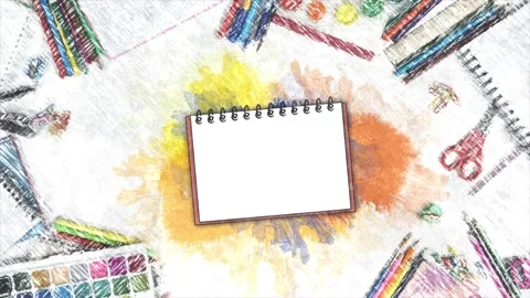 Back to School Creative Art Background with Sketchbook Frame, Watercolor Page Stock Footage 341378877