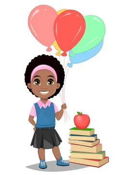 Back to school. Cute Afro-American girl in casual clothes with helium balloon Stock Illustration