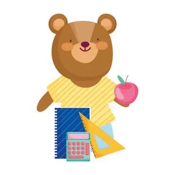 Back to school, cute bear with calculator ruler and notepad Stock Illustration