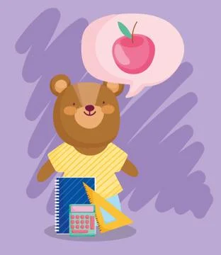 Back to school, cute bear with calculator ruler and notepad Stock Illustration