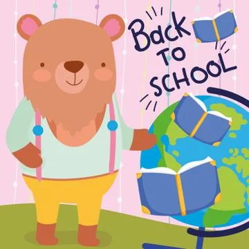 Back to school cute bear teacher with books and map education Stock Illustration
