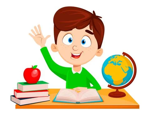 Back to school. Cute boy sitting at the table Stock Illustration