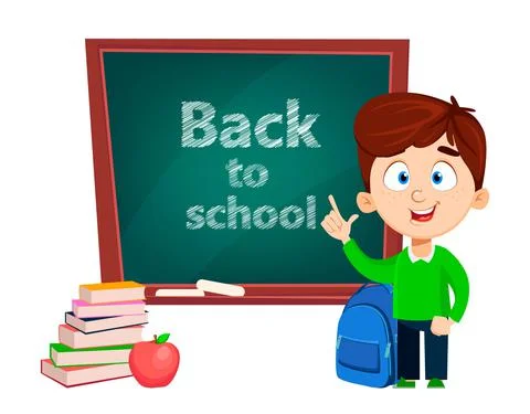 Back to school. Cute boy standing near blackboard Illustrazione stock