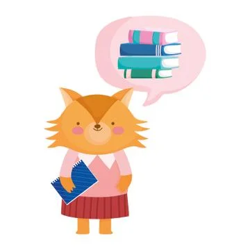 Back to school, cute fox with notebook think books cartoon Stock Illustration
