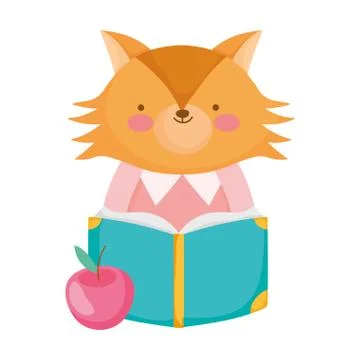 Back to school, cute fox reading book with apple cartoon Stock Illustration