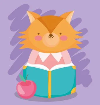 Back to school, cute fox reading book with apple cartoon Stock Illustration