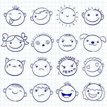 Back to school. Cute hand drawn sketches with faces with different emotions.. Stock Illustration