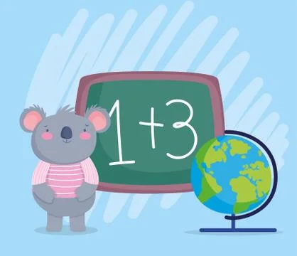 Back to school, cute koala with chalkboard globe map cartoon Stock Illustration