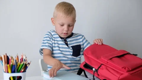 Back to school. Cute little boy putting book to his bag. Child from elementary Stock Footage 111759904
