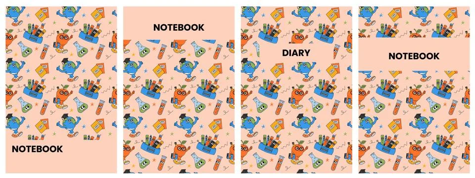 Back school cute notebook and diary cover with retro groovy characters. Bac.. Stock Illustration