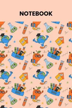 Back school cute notebook cover with retro groovy characters. Back to schoo.. Stock Illustration
