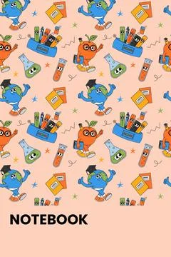 Back school cute notebook cover with retro groovy characters. Back to schoo.. Illustrazione stock