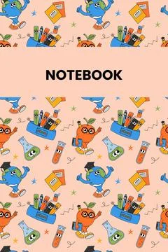 Back school cute notebook cover with retro groovy characters. Back to schoo.. Stock Illustration
