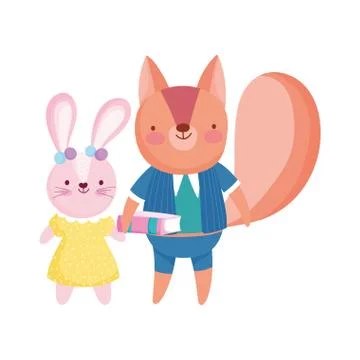 Back to school, cute rabbit and squirrel with book cartoon Stock Illustration