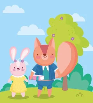 Back to school, cute rabbit and squirrel with book outdoor Stock Illustration