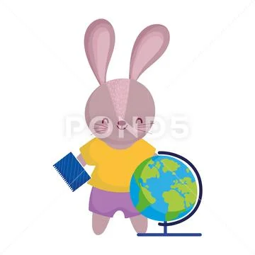 Back to school, cute rabbit with globe map and notepad Stock Illustrationen