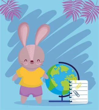 Back to school, cute rabbit with globe map and notepad Stock Illustration