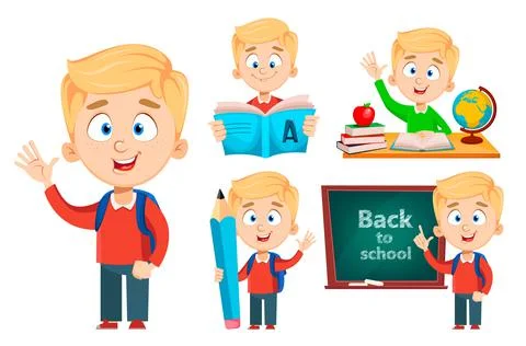 Back to school. Cute schoolboy, set of five poses Stock Illustration