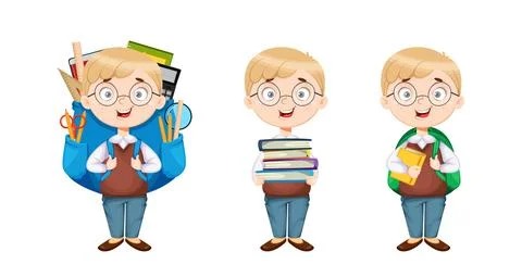Back to school. Cute schoolboy, set of three poses Stock Illustration