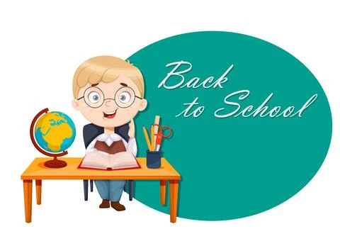 Back to school. Cute schoolboy sits at the desk Stock Illustration