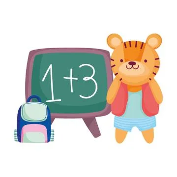 Back to school, cute tiger with backpack and chalkboard cartoon Stock Illustration