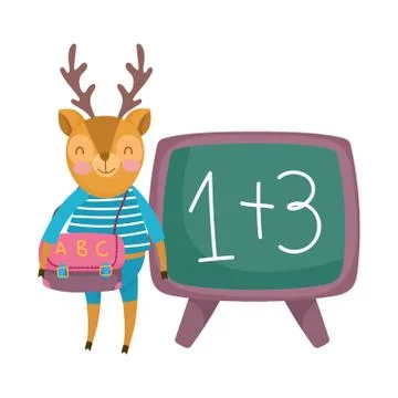Back to school, deer with clothes backpack chalkboard cartoon Stock Illustration