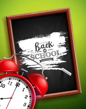 Back to school design with alarm clock, chalkboard and typography lettering on Illustrazione stock