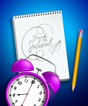 Back to school design with alarm clock, graphite pencil and notebook on blue Stock Illustration