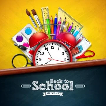 Back to school design with alarm clock, colorful pencil, magnifying glass Stock Illustration